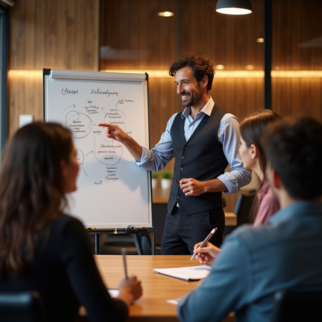 Facilitador explicando un concepto de desarrollo profesional en una pizarra durante una sesión