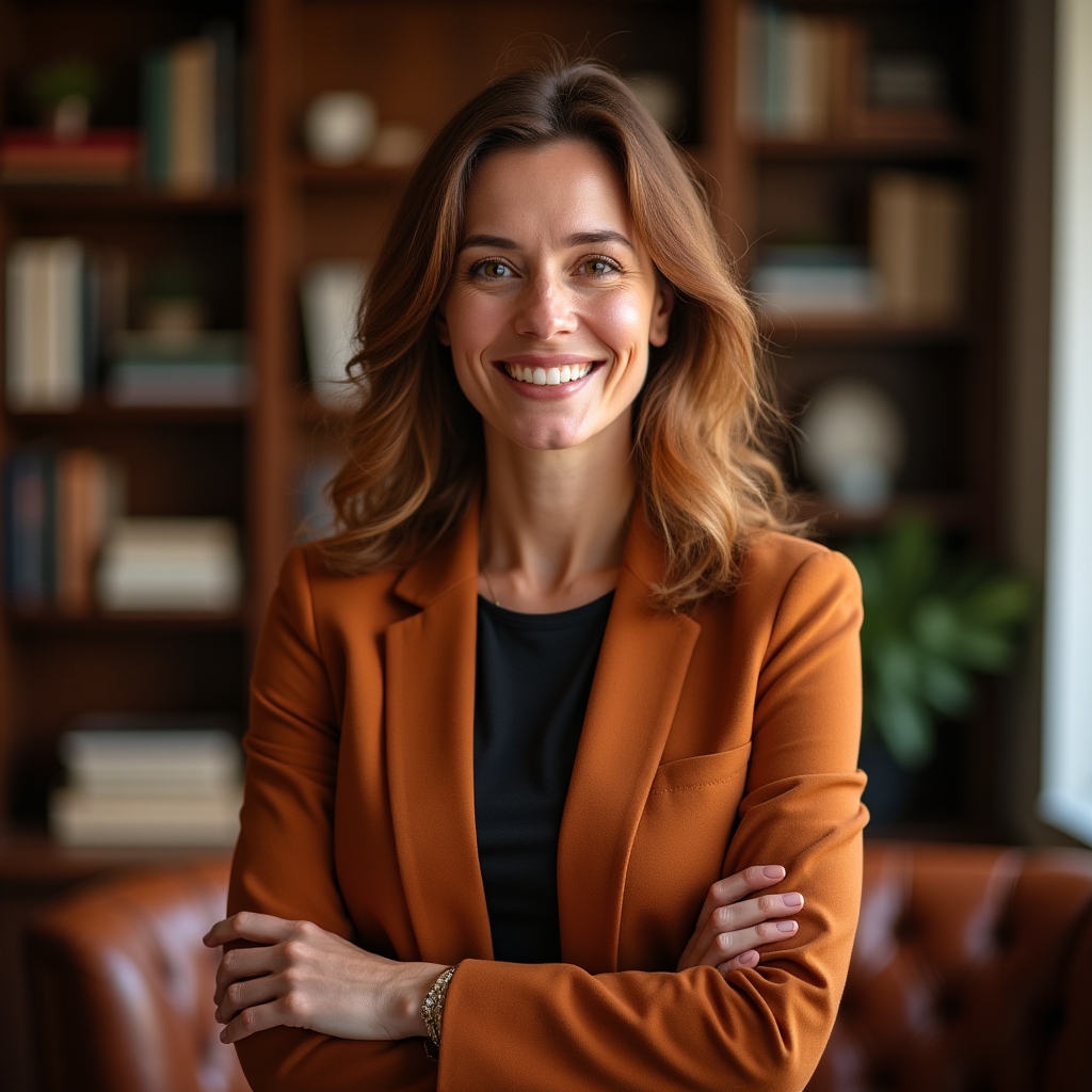 Retrato de una facilitadora de mentoría en un espacio de oficina cálido