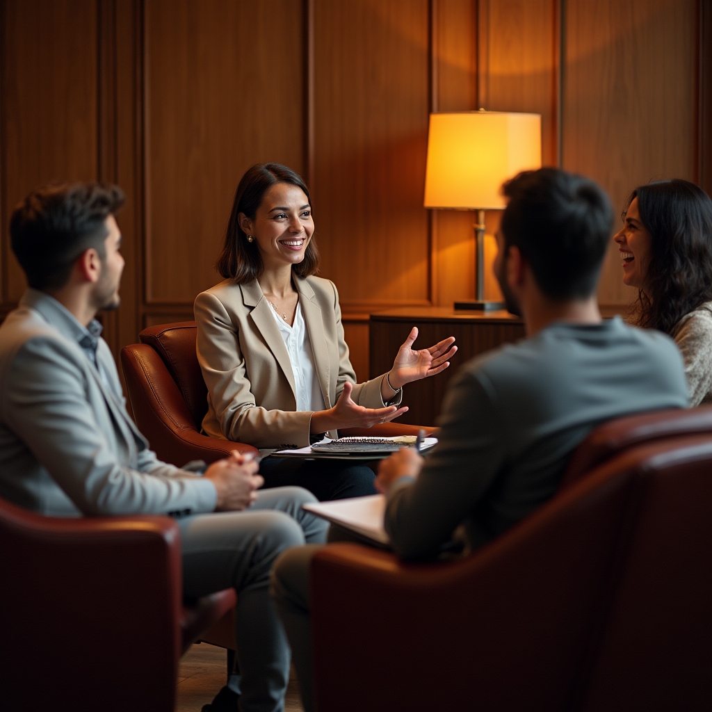 Facilitadora conversando con un grupo pequeño de profesionales sobre una situación laboral real